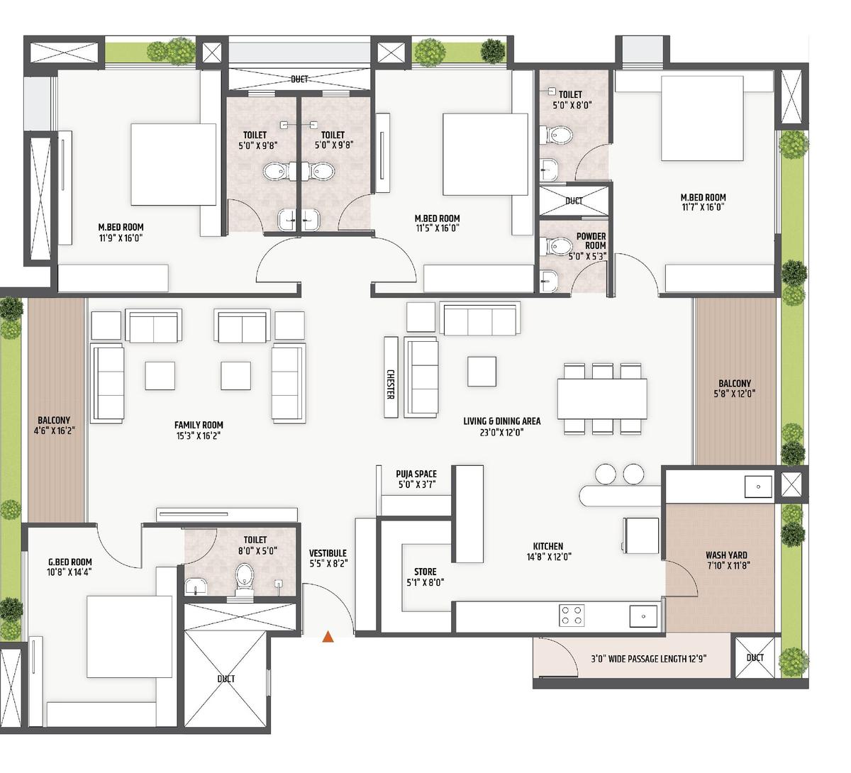 4 BHK unit floor plan with dimensions, Divyam Pravesh