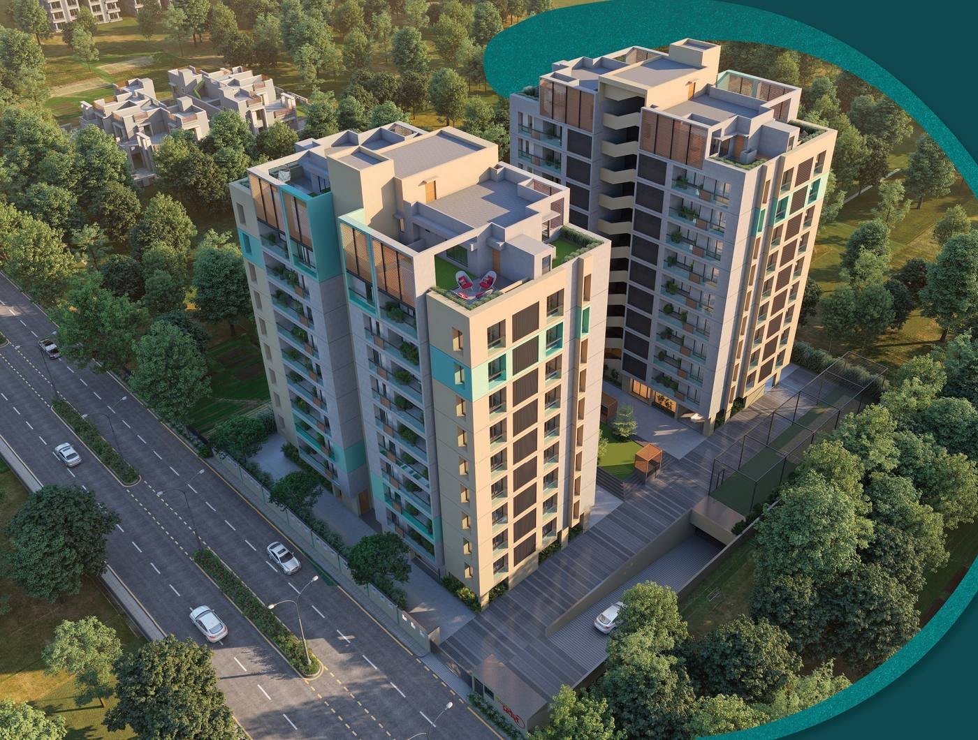 Divyam Pravesh aerial view of twin towers and podium garden