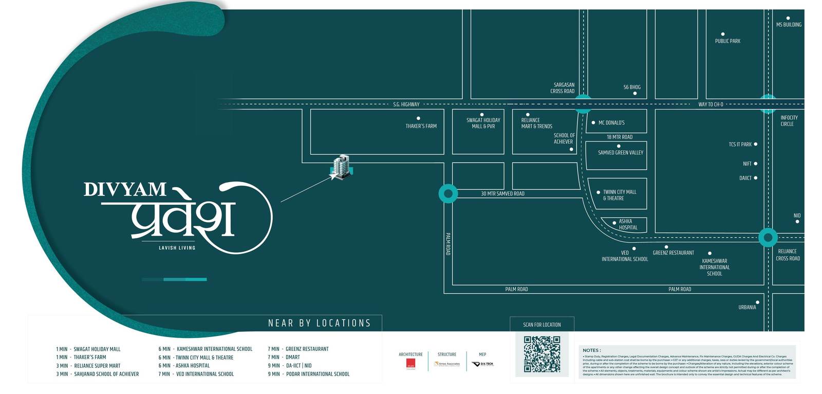 Location map showing Divyam Pravesh and nearby landmarks in Sargasan, Gandhinagar